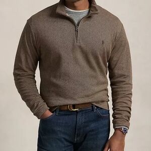NWT Men's Polo Ralph Lauren Brown Herringbone 1/4 Zip Pullover, Cotton, CasualXL